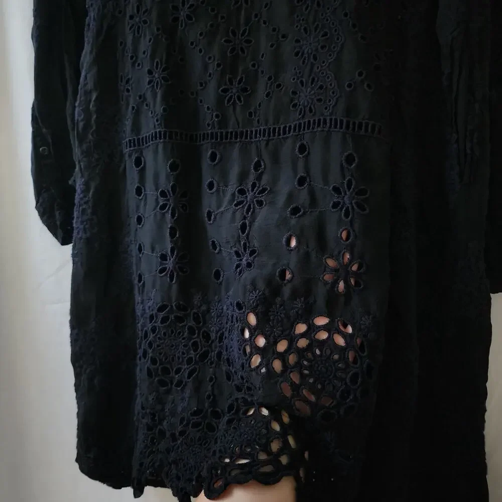 Johnny Was Embroidered Floral Eyelet Patchwork Dress black goth M tunic coastal - Picture 6 of 12